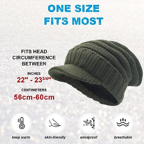 Ruphedy Mens Beanie with Brim Winter Hat Knitted Thick Fleece Visor Beanie - color: B320-green