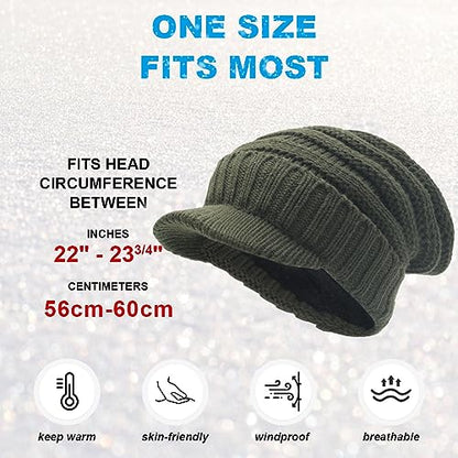 Ruphedy Mens Beanie with Brim Winter Hat Knitted Thick Fleece Visor Beanie - color: B320-green