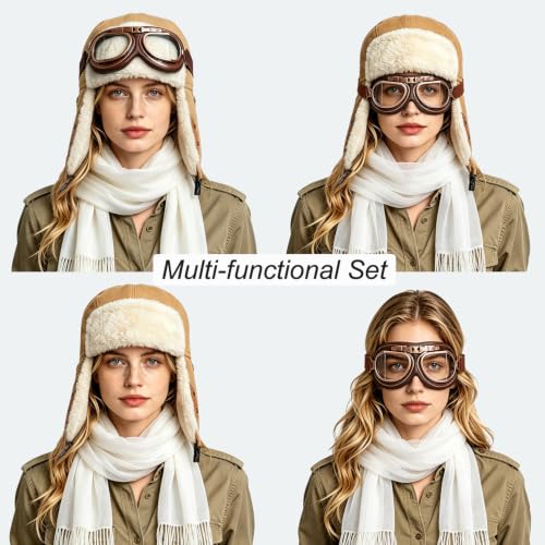 Peicees Aviator Hat and Goggles for Adult Costume Accessories Pilot Cap Vintage Goggles Trapper Hat with Fur Ear Flaps - color: Camel Hat+cooper Frame/Clear Lens