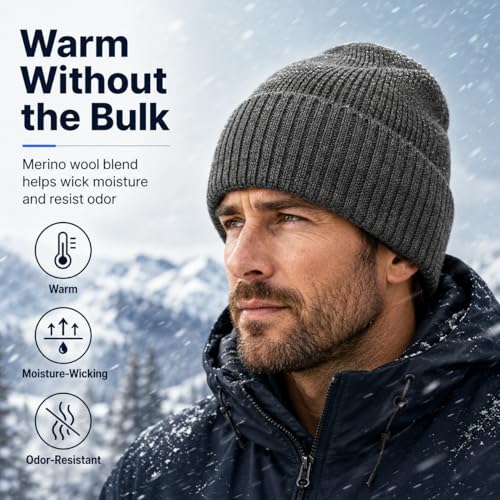 Plus Size Fleece Lined Beanie Hat - M/L/XXL Merino Wool Beanie Hat for Men - color: Dark Gray, size: Medium-Large