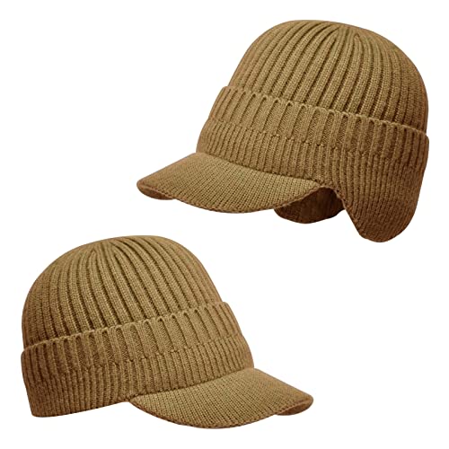 Men's Winter Hat with Brim, Warm Earflaps Hat for Men, Thick Fleece Lined Knit Winter Beanie Outdoor - color: Khaki