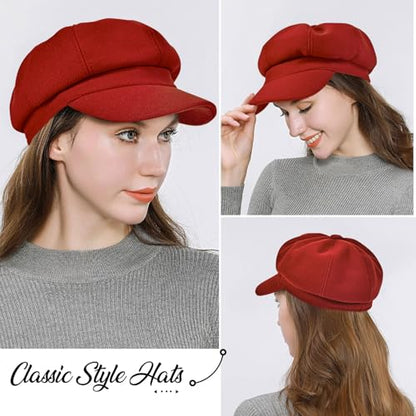 Women’s Newsboy Cap Wool Blend Retro Solid Color Girls Fashion Gatsby Cabbie Visor Beret Hat - color: Red