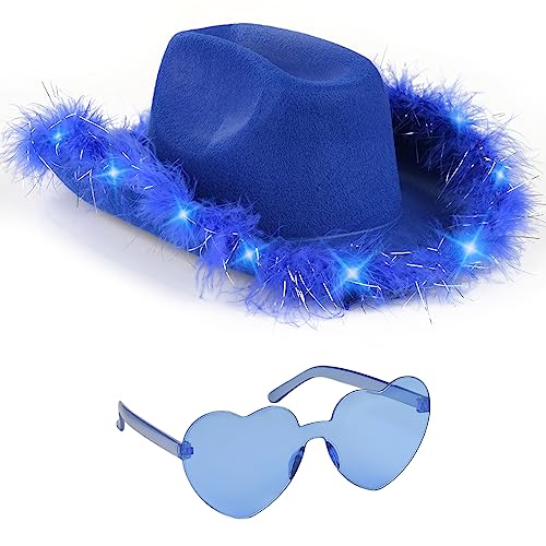 Funcredible Light Up Cowboy Hat and Glasses – LED Cowgirl Hat with Feathers – Cowgirl Costume Accessories for Women - color: Blue