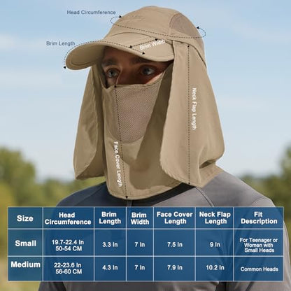 Surblue Baseball Sun Cap with Removable Neck Flap and Face Mask UPF 50+ - color: Khaki, size: Small