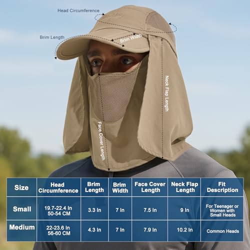 Surblue Baseball Sun Cap with Removable Neck Flap and Face Mask UPF 50+ - color: Khaki, size: Medium