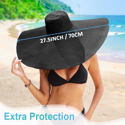 Oversized Beach Hat for Women Wide Brim Straw Sun Hat UPF 50+ UV Protection Foldable Packable Travel Vacation Pool Outdoor - color: Black