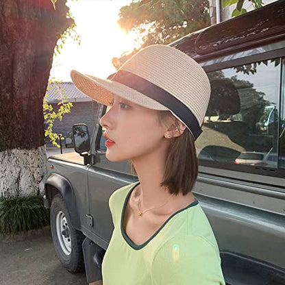 Summer Visor Hats for Women Foldable Floppy Solid Color Straw Sun Hat Travel Beach Baseball Cap - color: Beige