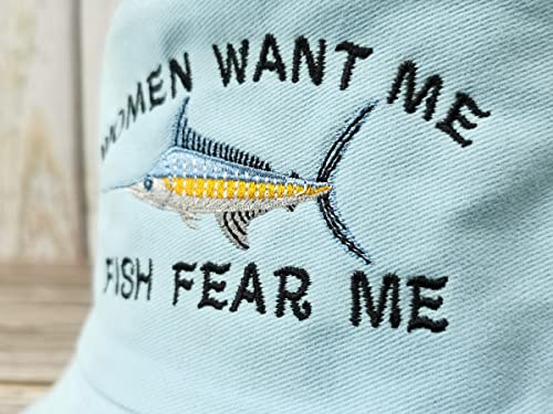 Women Want Me Fish Fear Me Embroidered Bucket Hat for Men Boy - color: Women Want Me Fish Fear Me - Light Blue