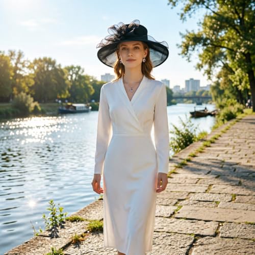 DRESHOW Women Organza Hat Church Cap Hats Clearance Kentucky Derby Cocktail Tea Party Wedding Flower Hat with Wide Brim - color: Royal Black