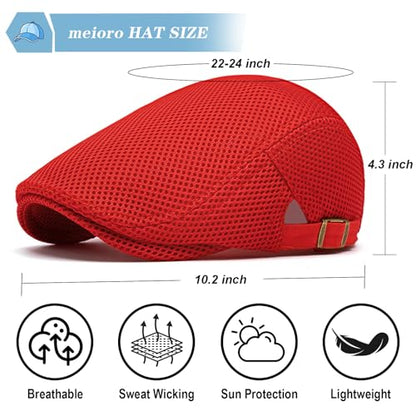 meioro Mens Breathable Mesh Summer Hat Adjustable Flat Cap Newsboy Beret Ivy Cap Irish Cabbie Fishing Hats - color: Red