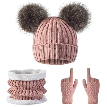 3 Pcs Women Winter Knit Beanie Hat Scarf Touchscreen Gloves Set Warm Soft Thick Fleece Lined Skull Cap with Double Pom Pom - color: Pink