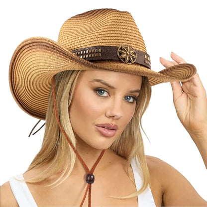 AQOKKA Straw Cowboy Hats for Women Men Western Cowgirl Hats with Shapeable Brim Woven Hollow Out Unisex Beach Roll Up Caps - color: Spray-painted Cowboy Hats : Coffee+khaki