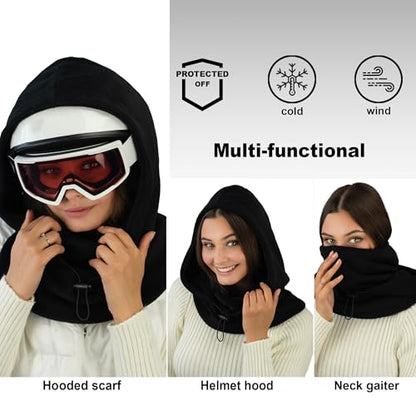 Fleece Balaclava Over Helmet - Warm Helmet Ninja Hood - Snowboard Hooded Hat Neck Gaiter Ski Mask - color: Black, size: One Size