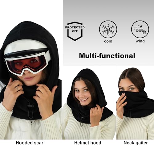 Fleece Balaclava Over Helmet - Warm Helmet Ninja Hood - Snowboard Hooded Hat Neck Gaiter Ski Mask - color: Black, size: One Size