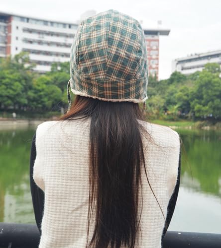 Reversible Winter Hat with Ear Flaps for Men Women Adult,Ladies Plaid Hat,Lamb Wool Lining Beanie Not for Kids - color: Plaid Green