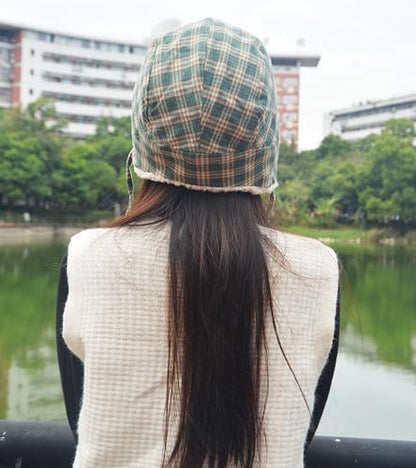 Reversible Winter Hat with Ear Flaps for Men Women Adult,Ladies Plaid Hat,Lamb Wool Lining Beanie Not for Kids - color: Plaid Green