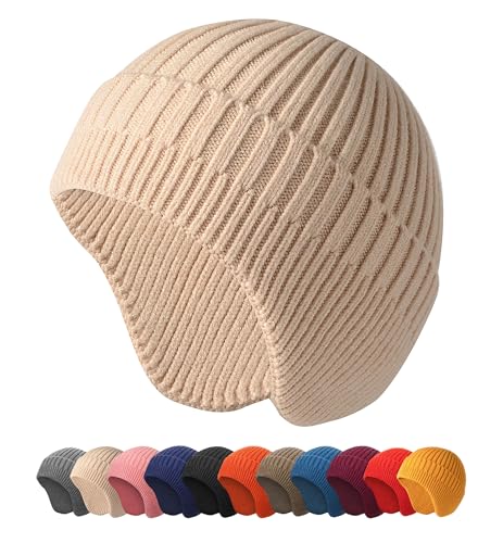 HiRui Knitted Beanie Hats Winter Hats Ear Covers for Men Women Kids Warm Slouchy - color: Beige