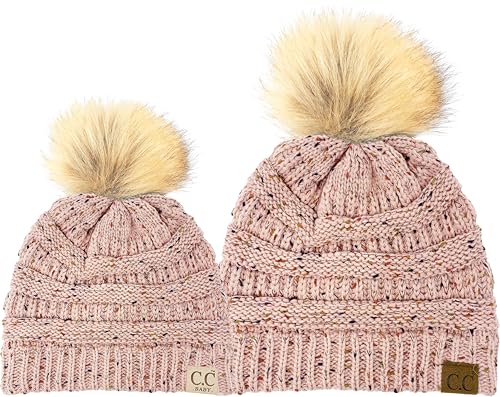 Funky Junque Mommy & Me Pom Pom Beanies Set – Infant Baby & Mom Matching Winter Outfits, Warm Newborn & Women's Beanie Hats - color: Confetti - Indi Pink (Faux Fur Pom)