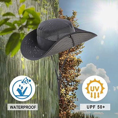 Mens Sun Hat Wide Brim Breathable Mesh UPF 50+ Waterproof Fishing Hat Safari Hat Foldable Boonie Cap - color: Deep Gray