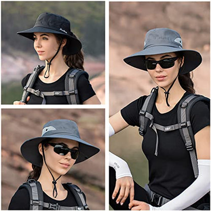 IYEBRAO 2 Pack Womens Ponytail Sun Hat UV Protection Bucket Hats Foldable Wide Brim Summer Boonie Beach Cap Fishing Hiking… - color: Black & Grey