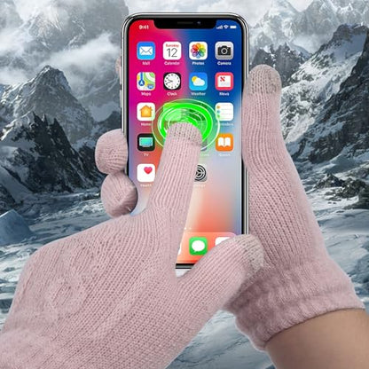 Winter Hat Scarf Gloves Set for Women, Classic Cable Beanie with Removable Pom Pom Long Scarf Touchscreen Gloves 3 in 1 Set - color: Pink