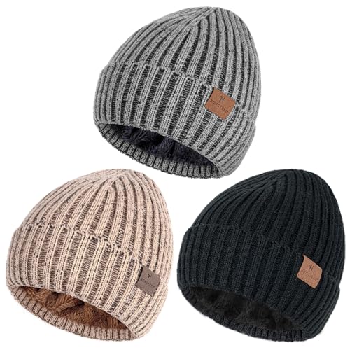 HONGTEYA 3 Pack Winter Beanie for Men Women, Thicken Thermal Plush Lined Beanie Fashion Warm Knit Hat for Cold Weather - color: Khaki+gray+black