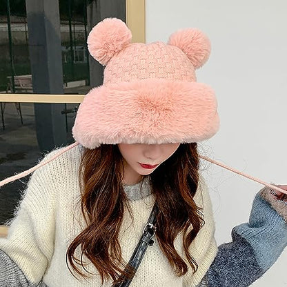Winter Pompom Beanie Hats Women Knit Womens Beanie Faux Fur Crochet Skull Cap Warm Bucket Outdoor Ear Cover - color: Pink