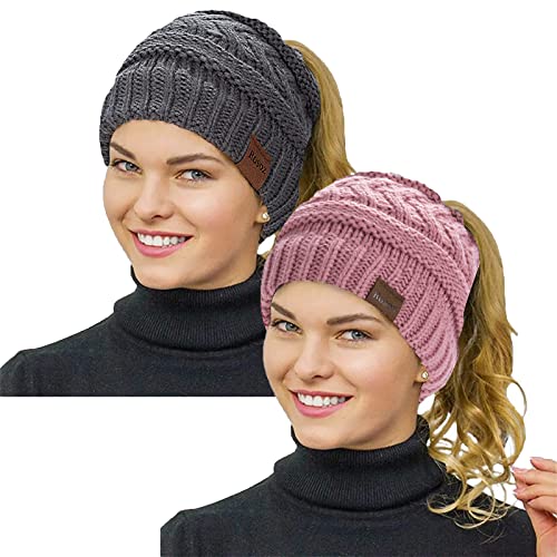 Rosoz 2 Pack Ponytail Beanie for Women,Winter Warm Beanie Tail Soft Stretch Cable Knit Messy High Bun Hat - color: 2pack-grey/Skin Pink