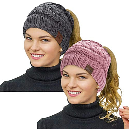Rosoz 2 Pack Ponytail Beanie for Women,Winter Warm Beanie Tail Soft Stretch Cable Knit Messy High Bun Hat - color: 2pack-grey/Skin Pink