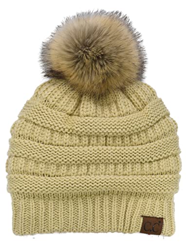 C.C Trendy Fuzzy Fleece Lined Warm Comfortable Soft Stretch Cable Knit Ribbed Faux Fur Pom Pom Beanie Hat - color: Lemonade Light Yellow