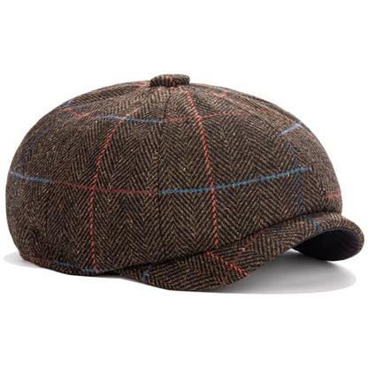 Men's Wool Newsboy Cap 8-Panel Tweed Taxi Hat Herringbone Gatsby Flat Hats - color: E-coffee