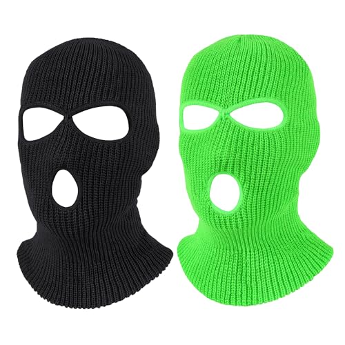 Pukavt 2 Pack 3 Hole Winter Knitted Mask, Ski Mask Balaclava Cap - color: Black/Fluorescent Green
