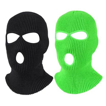 Pukavt 2 Pack 3 Hole Winter Knitted Mask, Ski Mask Balaclava Cap - color: Black/Fluorescent Green