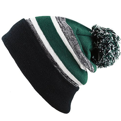 Winter Knit Beanie Hat with Pom Pom – Warm Cuffed Slouch Ski Cap for Men & Women - color: 1.black and D.green With Pom