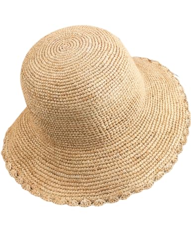 Women's Raffia Straw Bucket Hat Natural Raffia Beach Hat Handmade Woven Foldable Sun Hats Summer Travel Cap - color: Natural-scalloped