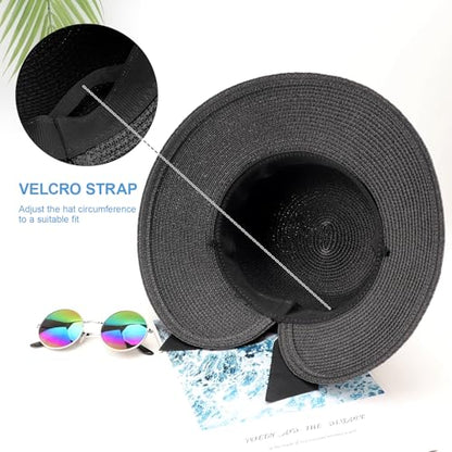 DRESHOW Sun Hats for Women Travel Fedora Foldable Beach Sun Hat Summer Wide Brim Straw Bucket Hat with Bowknot UPF 50+ - color: 1 Pack Bowknot Straw Hat: Black