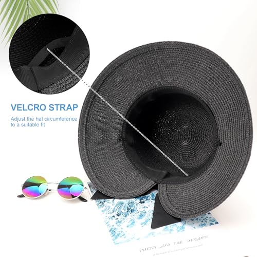DRESHOW Sun Hats for Women Travel Fedora Foldable Beach Sun Hat Summer Wide Brim Straw Bucket Hat with Bowknot UPF 50+ - color: 1 Pack Bowknot Straw Hat: Black
