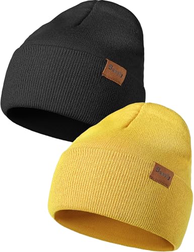Beanie Hats for Men Women Knit Winter Hat, Warm Skull Stocking Cap, Striped Snow Hat Heated Cuffed Beanie - color: 2p-black+yellow
