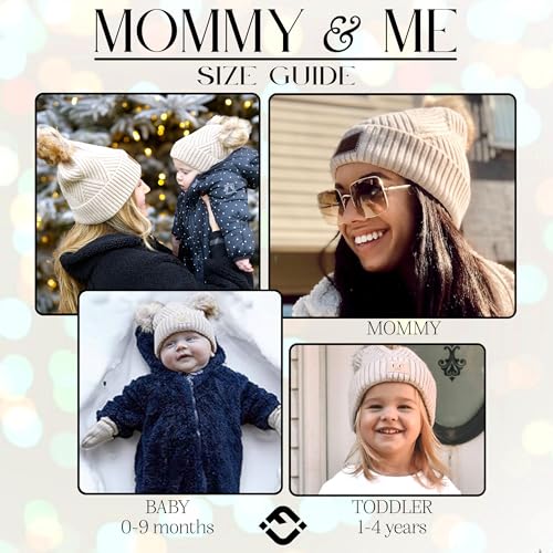 Funky Junque Mommy & Me Double Pom Beanies 3-Pack Matching Winter Hats for Mom, Toddler & Infant Girls, Cozy Knit Family Set - color: Diagonal Basketweave - Beige