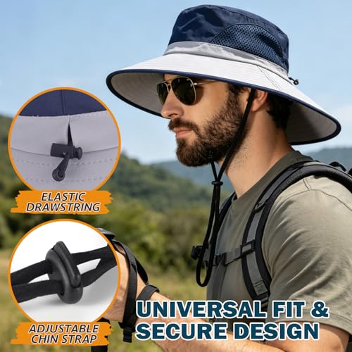 Wide Brim Sun Bucket Hat, Waterproof Boonie Hat for Men & Women - color: 02 Light Grey+navy Blue