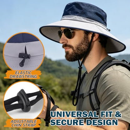 Wide Brim Sun Bucket Hat, Waterproof Boonie Hat for Men & Women - color: 02 Light Grey+navy Blue