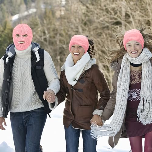 3 Hole Ski Mask, Knitted Balaclava Face Mask, Winter Full Face Mask Cover for Winter Outdoor Sports - color: Light Pink