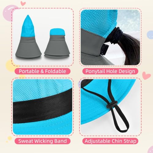 ZOORON Kids Girls Ponytail Sun Hat UPF 50+ Breathable Mesh Water-Resistant - color: Two-tone Blue
