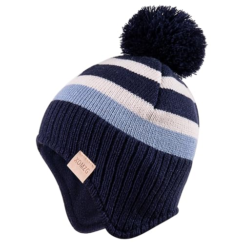 Beanie Knit Hats for Toddlers with Earflap Fleece Lined Hat Kids Warm Winter Hat Scarf Set Children's Thick Ski Cap - color: Rainbows-blue