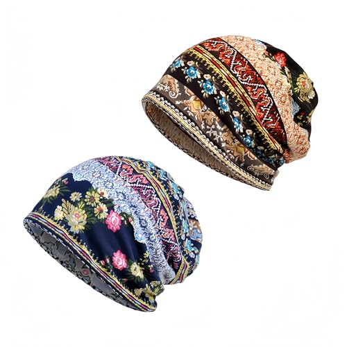 Women's Slouchy Beanie Hat Chemo Caps Cancer Headwear Hats Turban Baggy Sleeping Cap Boho Hats - color: 2pcs Coffee Blue