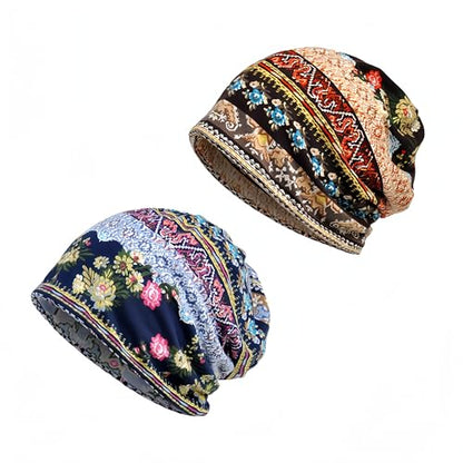 Women's Slouchy Beanie Hat Chemo Caps Cancer Headwear Hats Turban Baggy Sleeping Cap Boho Hats - color: 2pcs Coffee Blue