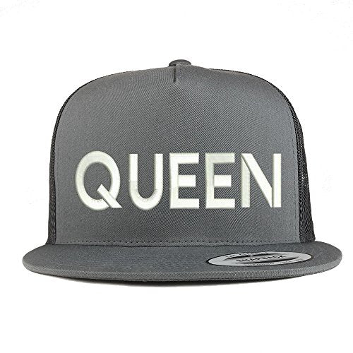 Trendy Apparel Shop Queen Embroidered 5 Panel Flat Bill Trucker Mesh Back Cap - color: Charcoal