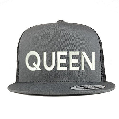 Trendy Apparel Shop Queen Embroidered 5 Panel Flat Bill Trucker Mesh Back Cap - color: Charcoal