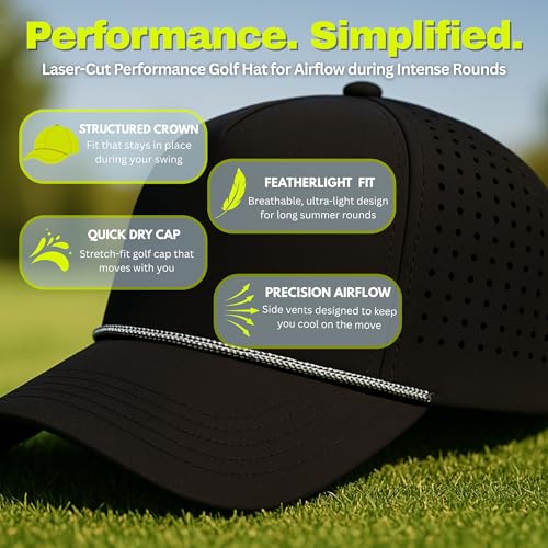 Funky Junque Mens High Crown Golf Hat, Performance Golf Cap - color: Golf Over Everything - Black