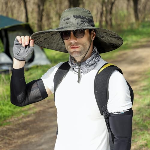 Wide Brim Sun Hat for Men Women UV Protection Bucket Fishing Hats - color: Army Green Ink Wash
